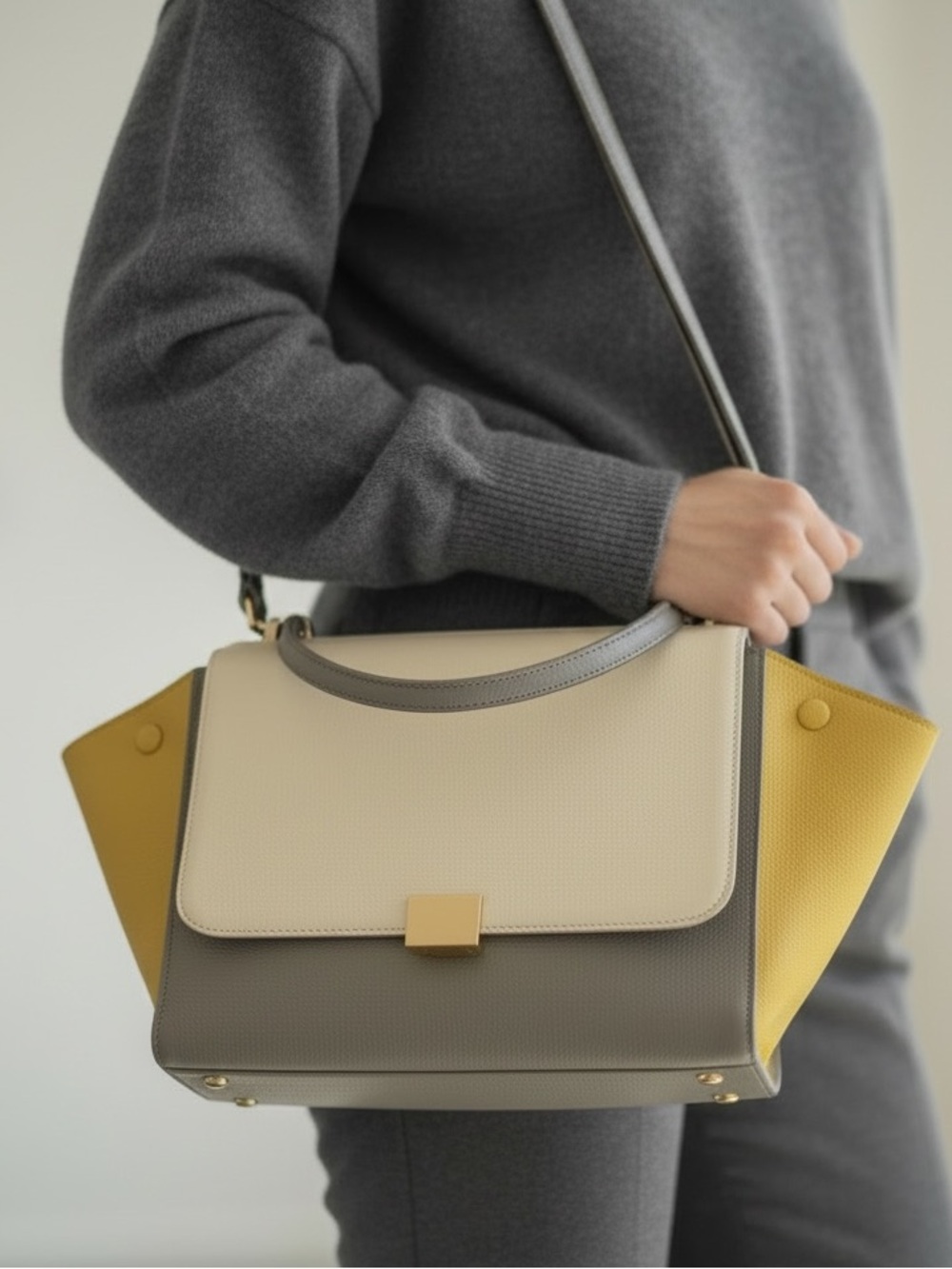 Celine Tricolor Leather Shoulder Bag - Cream, Gray & Mustard